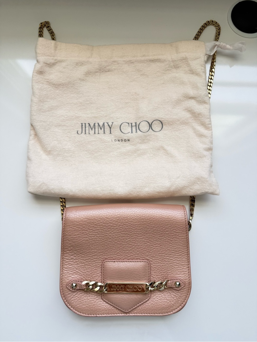 Jimmy Choo Rebel Soft  Crossbody Bag – Blush Pink Pebbled Leather /Gold Chain